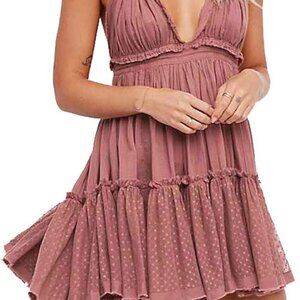 Teeraphique Halter Mini Dress Deep V Neck Dusty Rose Size S